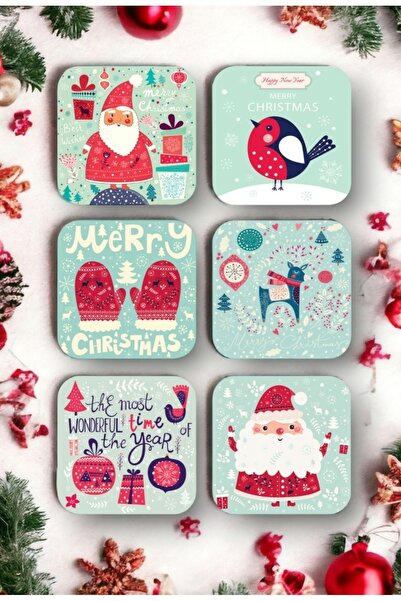 Happy New Year - New Year - Merry Christmas Themed Wood Coaster Set 6pcs