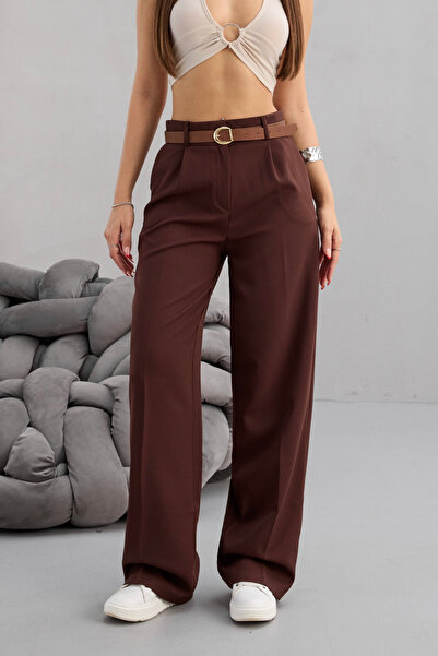 BİKELİFE Women's High Waist Belt Detailed Elastic Waist Loose Palazzo Fabric Trousers