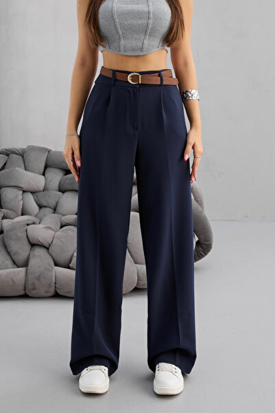 BİKELİFE Women's High Waist Belt Detailed Elastic Waist Loose Palazzo Fabric ...