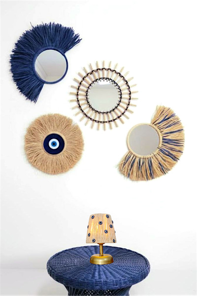 Bubihome Dörtlü Bohem Rafya Ayna & Nazar Boncuğu Duvar Seti