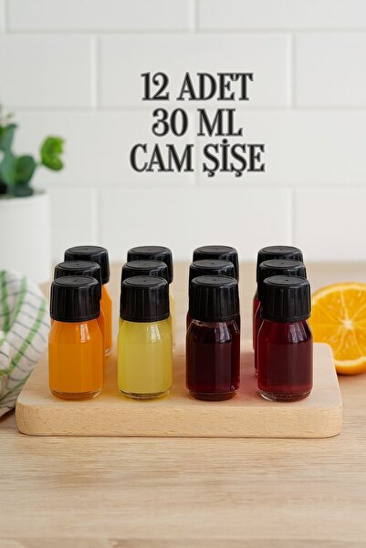 Rotanev 12 Adet 30 ml Kilitli Siyah Kapaklı Şeffaf Detox Shot Şişesi 30 Cc Ginger Şat Beyaz Cam Şişe