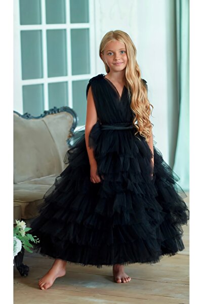 Asel Kids KIZ ÇOCUK SİYAH UZUN ÖZEL GÜN PARTİ ELBİSESİ