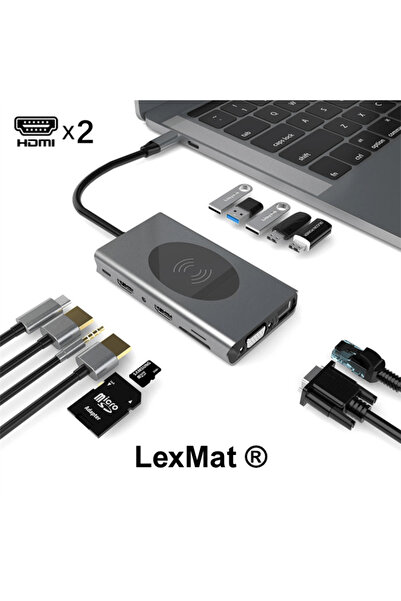LexMat Docking Station 14 in 1 cu incarcare wireless, Hub 14 in 1, Statie de andocare, afisaj 4K
