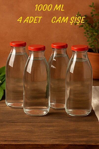 Rotanev 4 Pieces 1 Liter Transparent Jug Milk, Buttermilk, Water, Lemonade, Soft Drink Bottle Plastic Lid Glass Bottle