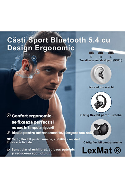 LexMat Casti Wireless, Q61 Stereo Sport Bluetooth 5.4 in-Ear cu carlige pentru urechi