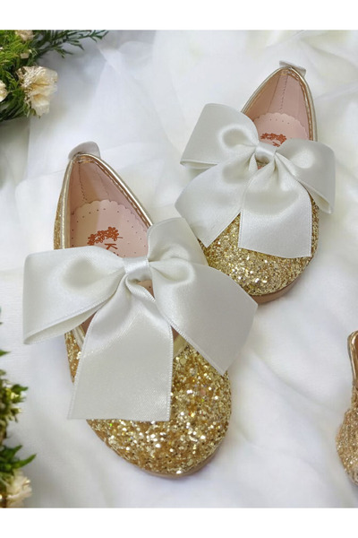 PATİK BEBE Girl's Gold Glitter Bowknot Orthopedic Stylish Ballet Flats