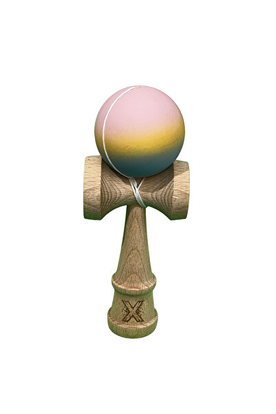 Toyska Jucarie Kendama X din Lemn, Rubber Grip, 18 cm, Roz/Galben/Albastru
