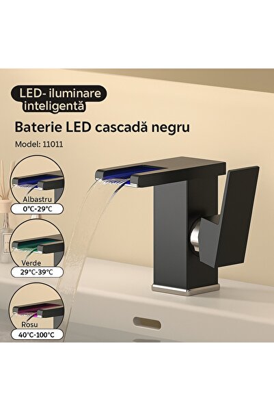 OEM Baterie de chiuvetă inteligentă de lux cu LED, tip cascadă, cu senzor de temperatură, negru-mat