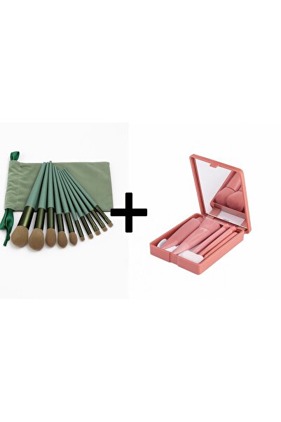 BEENFY Set de pensule - 13 piese, verde și set de machiaj - 5 piese cu oglindă