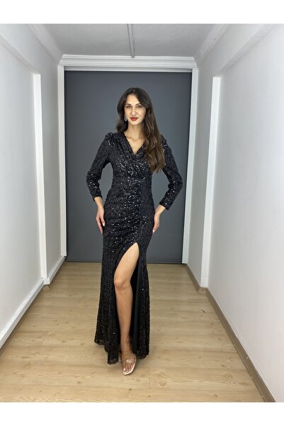 gökkuşagı moda Siyah Pul Boncuk Uzun Kollu Yırtmaçlı Uzun Abiye Elbise