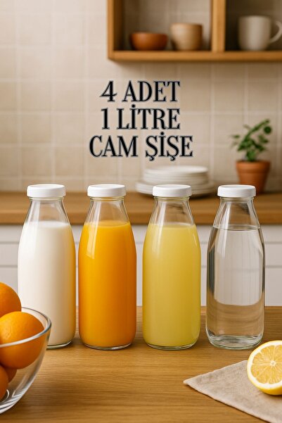 Tanemce 4 Adet Beyaz Plastik Kapaklı Cam Şişe 1 Litre Şeffaf Sürahi Süt, Ayra...