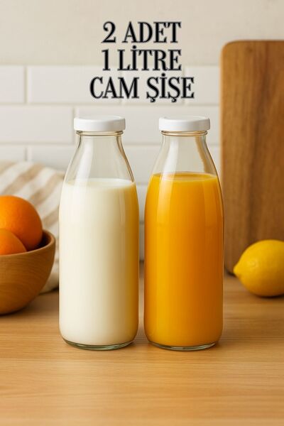 Tanemce 2 Adet Beyaz Plastik Kapaklı 1 Litre Şeffaf Sürahi Süt, Ayran, Su, Limonata Meşrubat Şişesi Cam Şişe