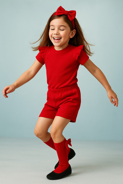 özge başaran Red Shorts & T-Shirt, Bow Red Socks Corded Fabric Girl's and Baby's 3-Piece Clothing Set