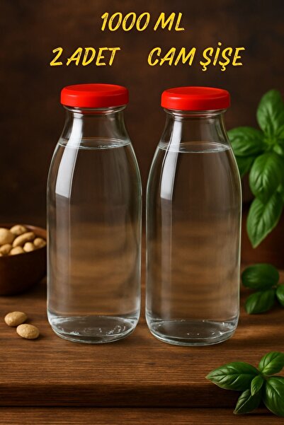 Tanemce 2 Pieces 1 Liter Transparent Jug Milk, Buttermilk, Water, Lemonade, Soft Drink Bottle Plastic Lid Glass Bottle