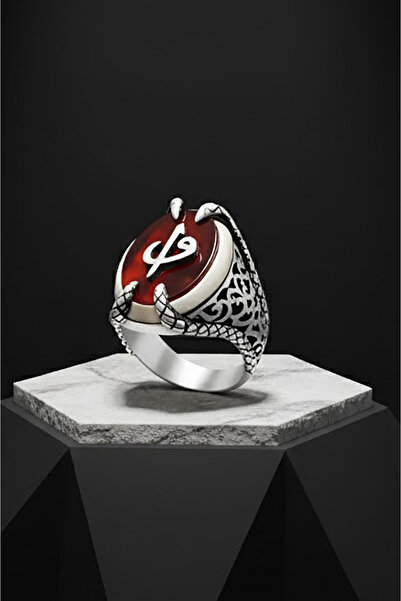 Takıdepo Pençe Model Akik Taşı Üzerine Vav Elif Gümüş Yüzük