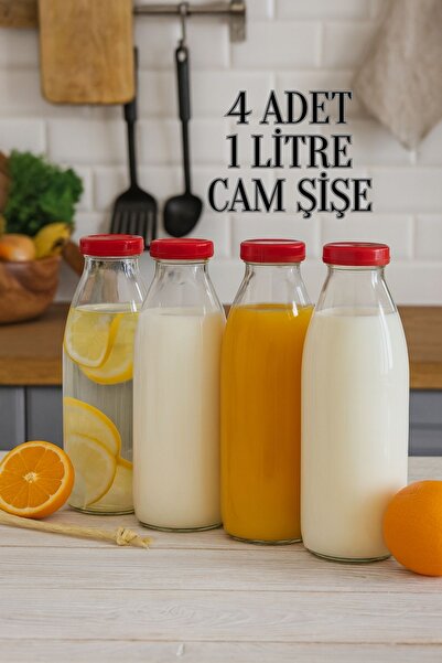 Tanemce 4 Adet 1 Litre Şeffaf Sürahi Süt, Ayran, Su, Limonata, Meşrubat Şişes...