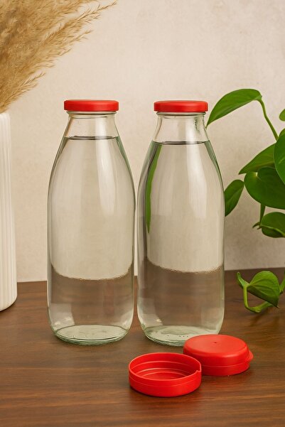 Tanemce 2 Pieces 1 Liter Transparent Jug Milk, Buttermilk, Water, Lemonade, Soft Drink Bottle Plastic Lid Glass Bottle