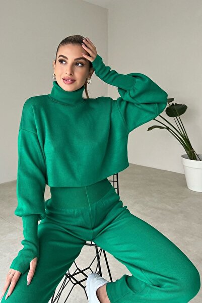 vuvutasarım Turtleneck Embroidered Flexible Green Knitwear Sweater And High Waist Green Knitwear Trousers Set 015