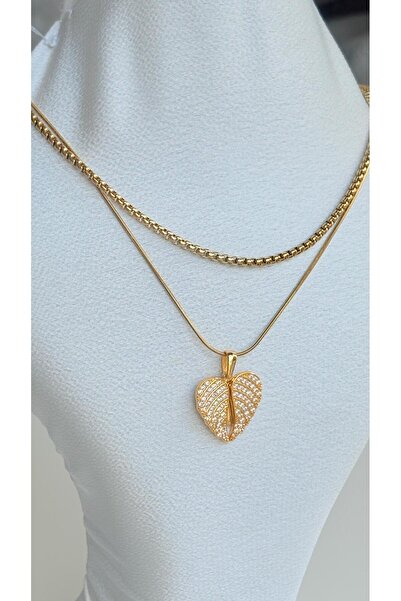 NİSA HOME Çelik Zirkon Taşlı Açılan Melek Kalp Detaylı Çift Zincirli Kadın Ko...
