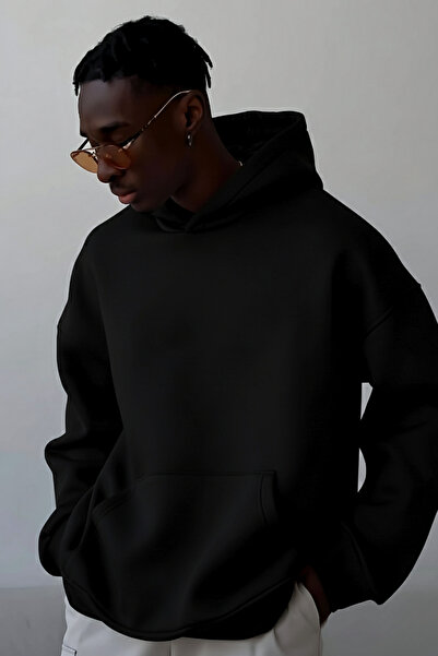 GUARAZ Siyah Unısex Yumuşacık Kumaşlı Oversize Fit Ici Polarlı Basic Kapüşonlu Sweatshirt Hoodie