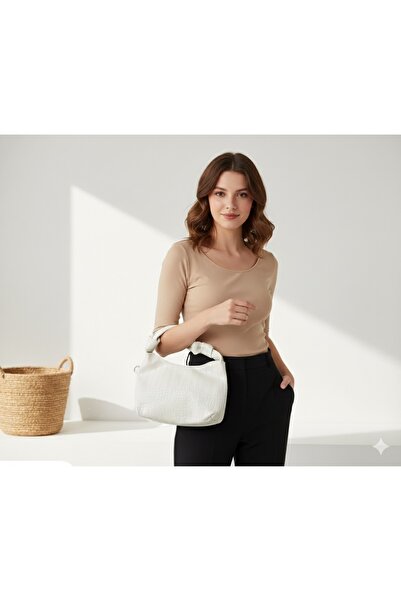 MOD10 Kadin Mini Baget Dügüm Detaylı Fermuarlı El Çanta Örgü Desenli