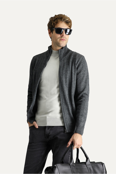 Kiğılı Mock Neck Zippered Regular Fit Striped Knitwear Cardigan