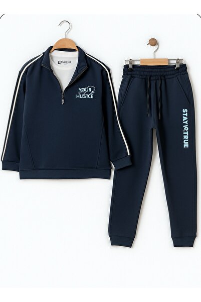 Nazar Bebe Erkek Çocuk “Your Hustle” Nakışlı Eşofman Takımı - Lacivert 3 İPLİ...