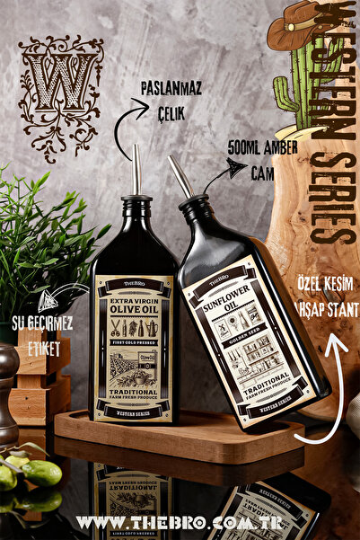 TheBRo Western Serisi 500ML Amber Ahşap Stantlı Zeytinyağı Şişesi,Ayçiçek Yağ...