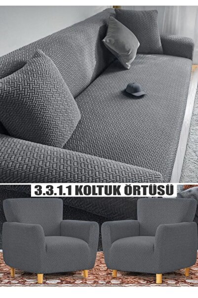 probak Tuğla Desen Koltuk Örtüsü Lastikli Kayma Yapmayan 3 3 1 1 takım Çekyat...