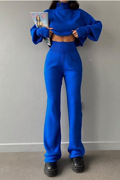 bayansepeti Embroidered Saks Blue Knitwear Crop Blouse and High Waist Knitwear Trousers Double Set 015
