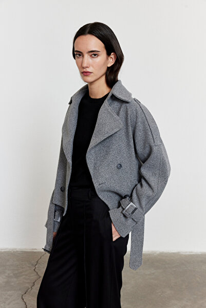 FACETTE Kadın Gri Apoletli Kısa Kaşe Kaban