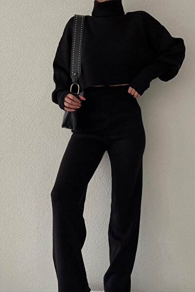 lovebox Handmade Black Knitwear Crop Top and High Waist Black Knitwear Trousers Double Set 015