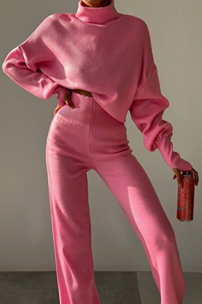 bayansepeti Γυναικεία ραμμένη στο χέρι ροζ πλεκτό Crop μπλούζα και ψηλόμεσο ροζ πλεκτό παντελόνι διπλό σετ 015