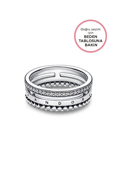 Pandora Signature Logo Pavé ve Boncuklu Yüzük