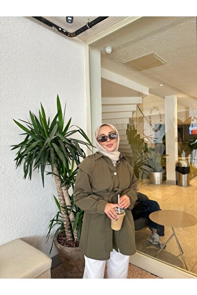 Guer Fashion Kadın Belden Bağlamalı Kısa Mevsimlik Haki Trençkot Gömlek