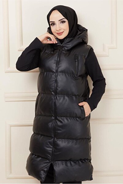 TRENDTESETTÜR Women's Black Leather Puffer Vest 1453