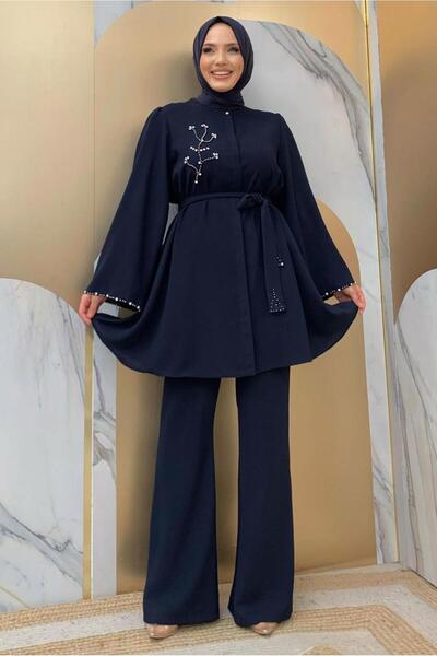 TRENDTESETTÜR KADIN LACİVERT TAŞ İŞLEME DETAYLI KUŞAKLI KREP TAKIM T 2348