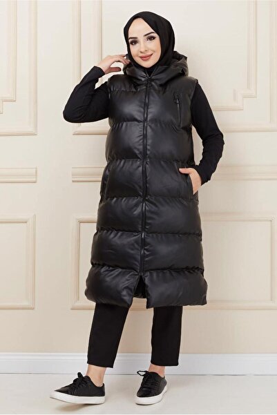 TRENDTESETTÜR Women's Black Leather Puffer Vest 1453