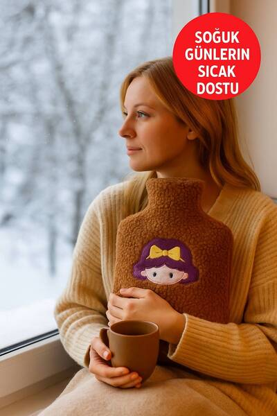 TOYFEST Kahverengi Peluş Sıcak Su Torbası – Yumuşak, Güvenli ve Şık Saçlı Kız Model, 1 Litre