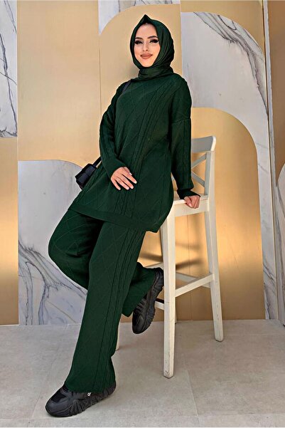 TRENDTESETTÜR Women's Green (ZEMRUT) Diamond Patterned Trousers Knitwear Suit 6216