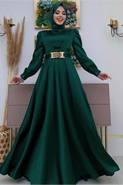 TRENDTESETTÜR Γυναικείο Πράσινο (ZEMRUTE) Φόρεμα με Ζώνη Λεπτομερές Σατέν Βραδινό Φόρεμα T 2973