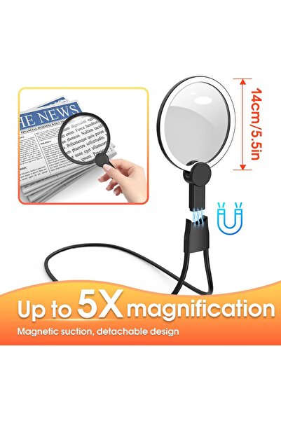 fulina 6X Magnifier with Light Hands Free for Reading,5.1 In,Neck-Worn Large Magnifier for Seniors