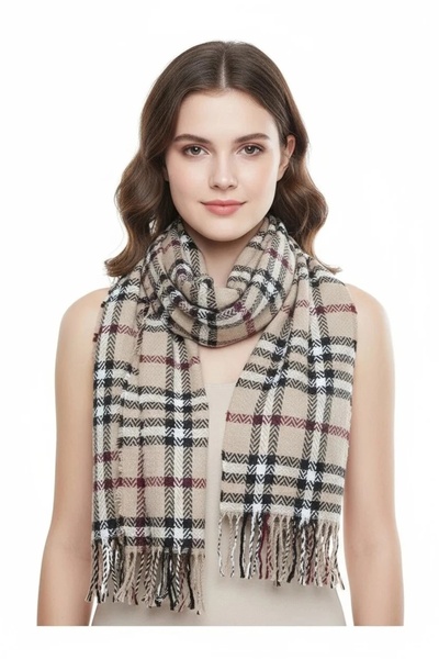 Miniso Yumuşak Dokulu Püsküllü Camel-bordo Kalın Omuz Şalı