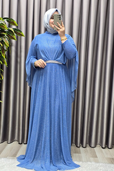 Elmas Tesettür Kadın Tesettür Büyük Beden Giyim Simli Pelerinli Abiye