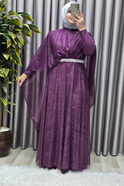 Elmas Tesettür Kadın Tesettür Büyük Beden Giyim Simli Pelerinli Abiye