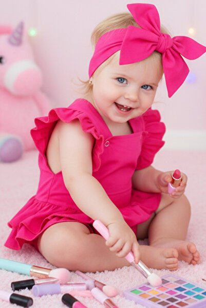 Parla Kids Baby Girl Pink Cotton Salopet Bandana Set