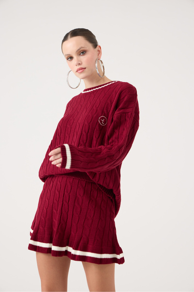 HOLLY LOLLY Elastic Waist Knitted Patterned Mini Knitwear Harold Skirt Claret Red