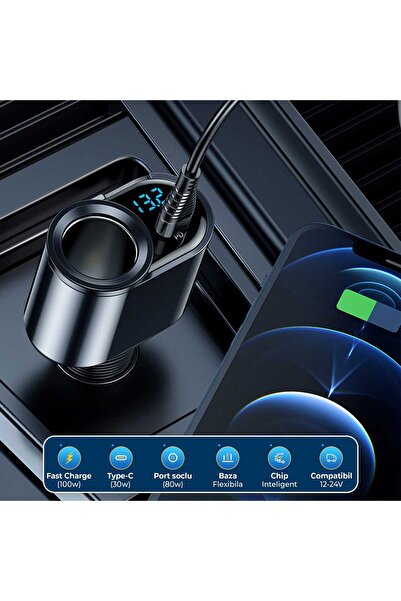 Timebox adaptor priză, multiplicator încărcător auto 4 în 1, 166W, 1 x priză auto, 2 x USB, 1 x USB-C, afișaj, B