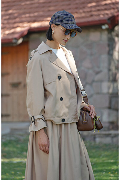 Fatma Atasoy Kol Apoletli Sütlü Kahve Midi Trenç Ceket