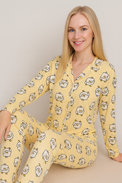 Silona Homewear Civciv Desenli Gömlek Yaka Düğmeli Pijama Takımı